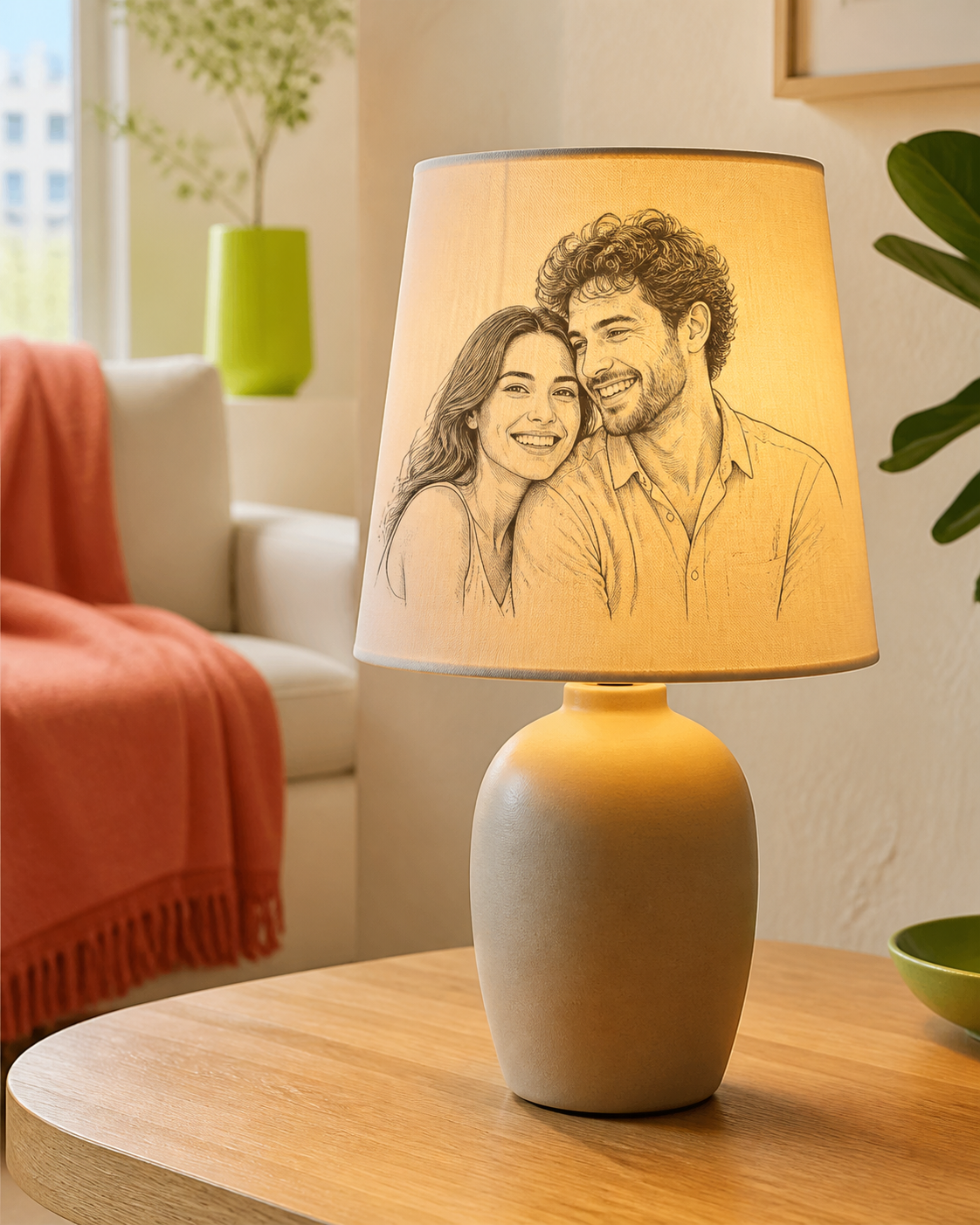 Lámpara encendida con una litografía de una pareja