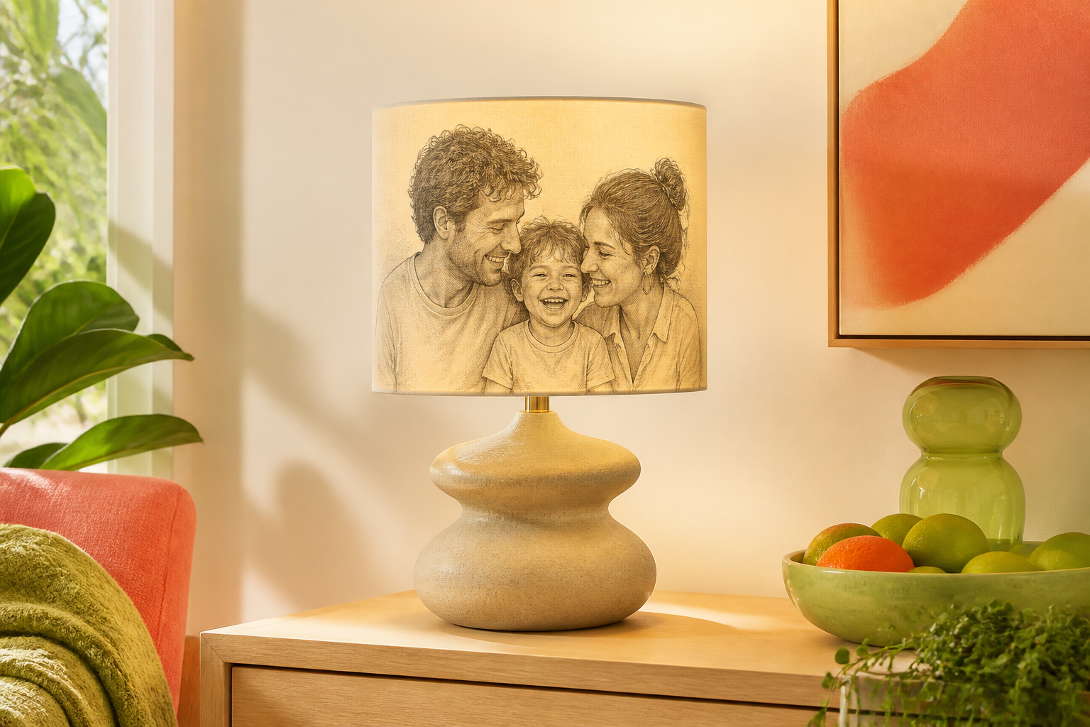 Lámpara encendida con una litografía de una familia
