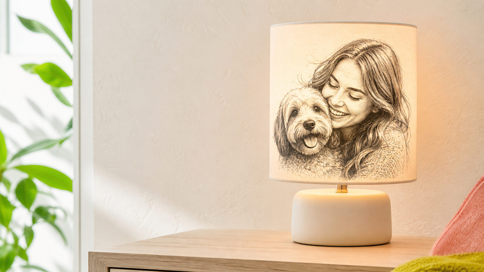 Lámpara encendida con una litografía de una mujer y su perro