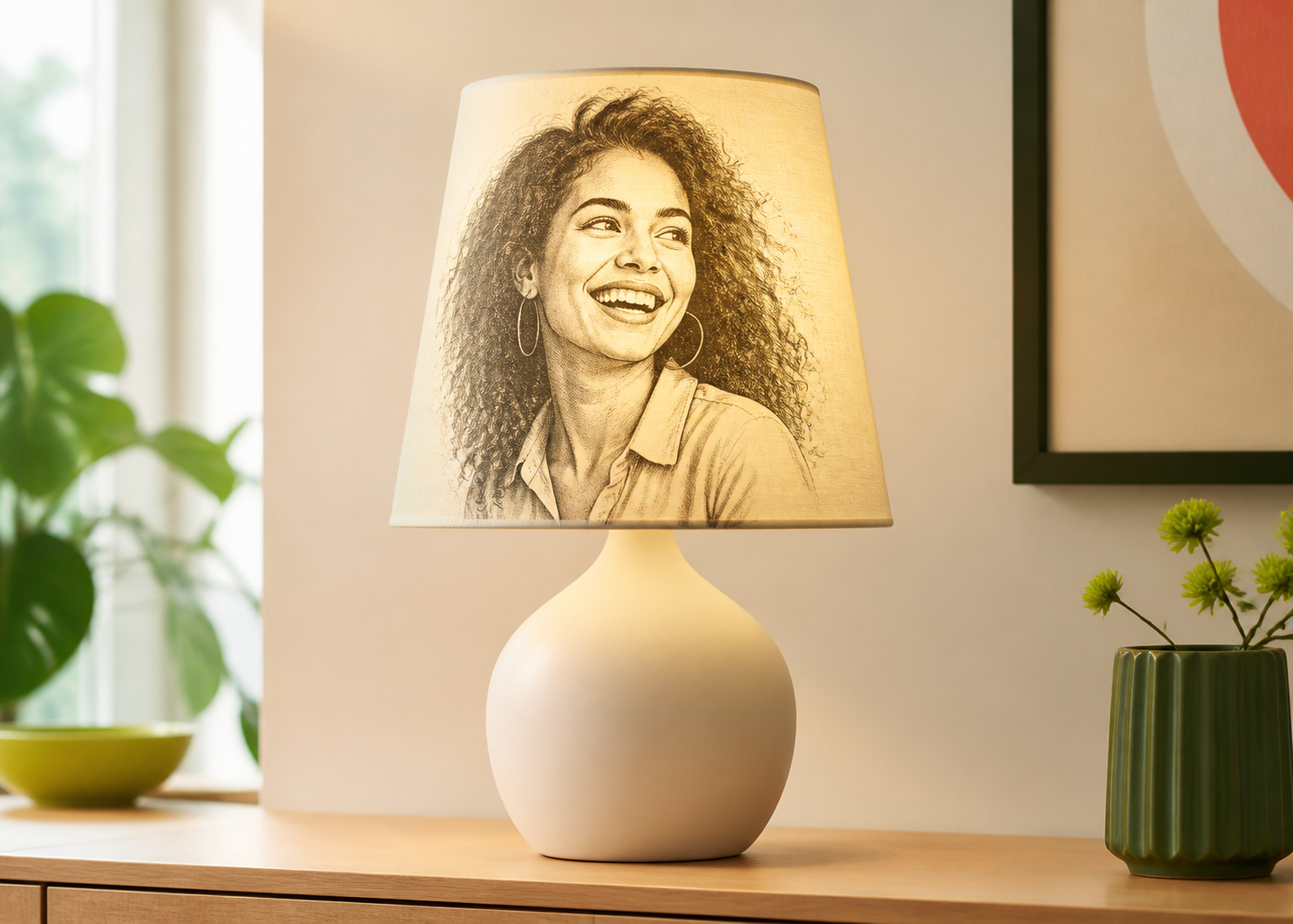 Lámpara encendida con una litografía de una mujer